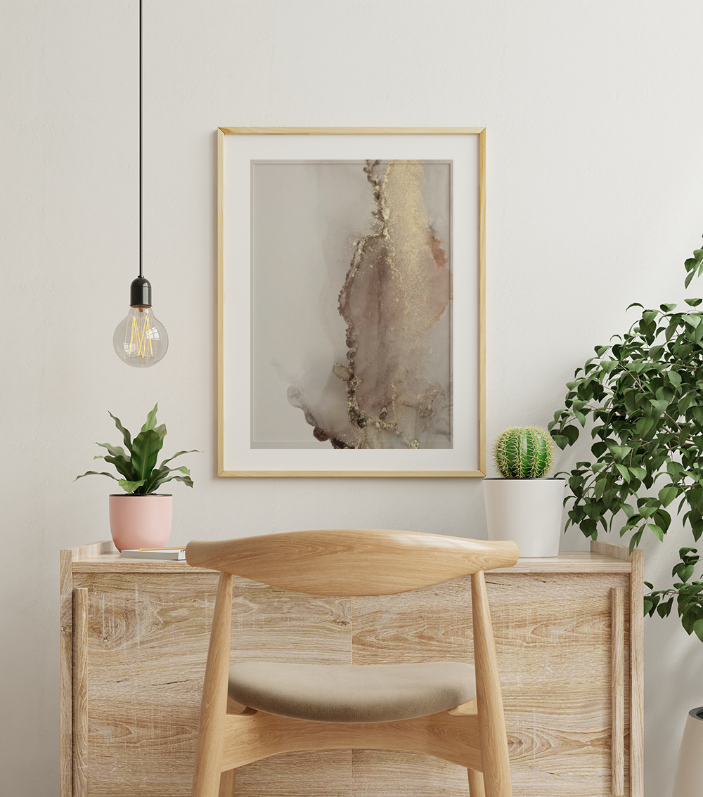 Mockup frame on work table in living room interior on empty whit