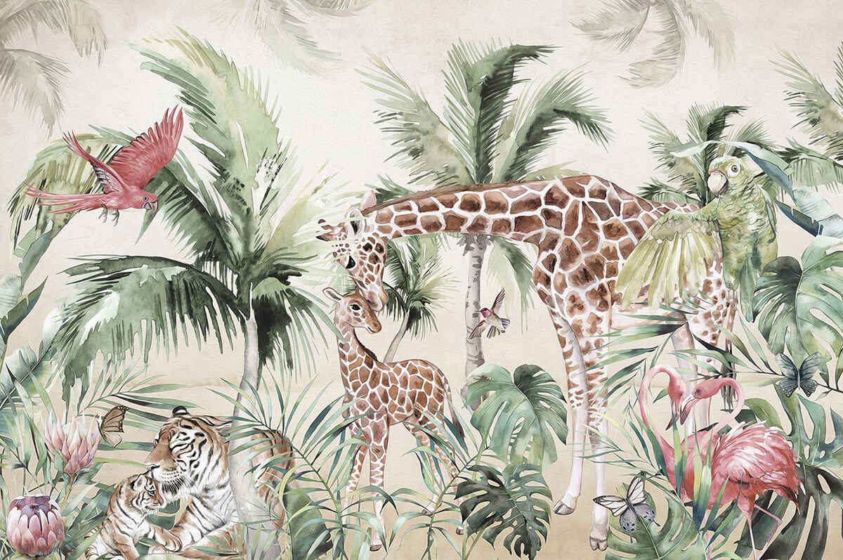 malowana dżungla, żyrafy, tygrysy, papugi
