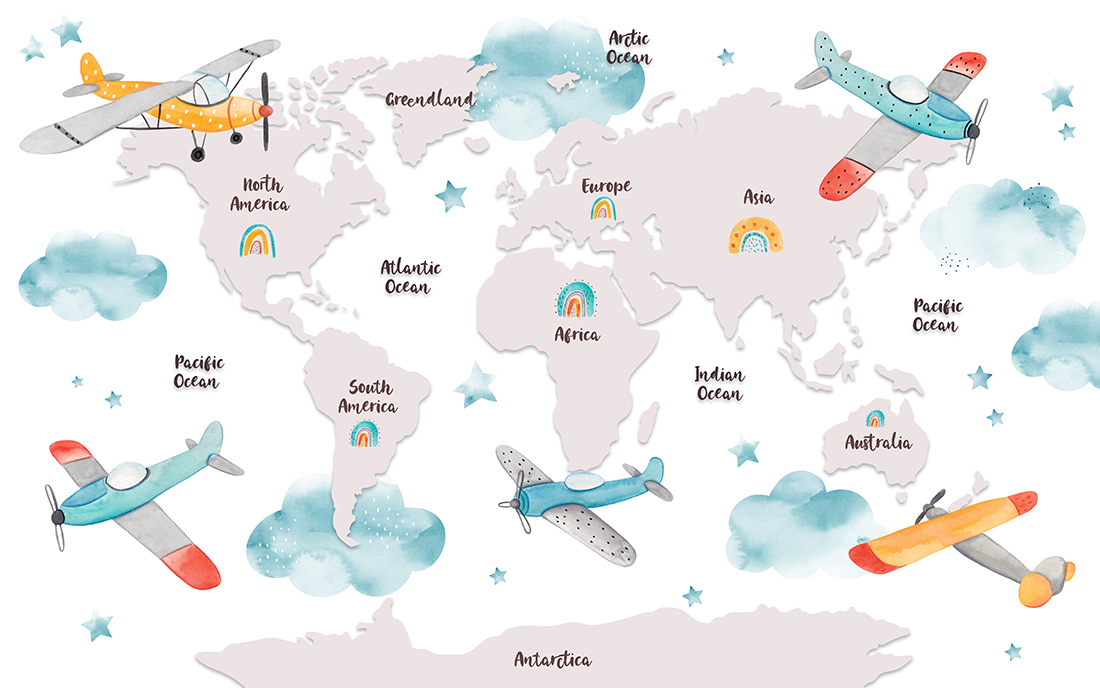 World,Map,For,Kids,With,Cute,Cartoon,Planes,,Clouds,And