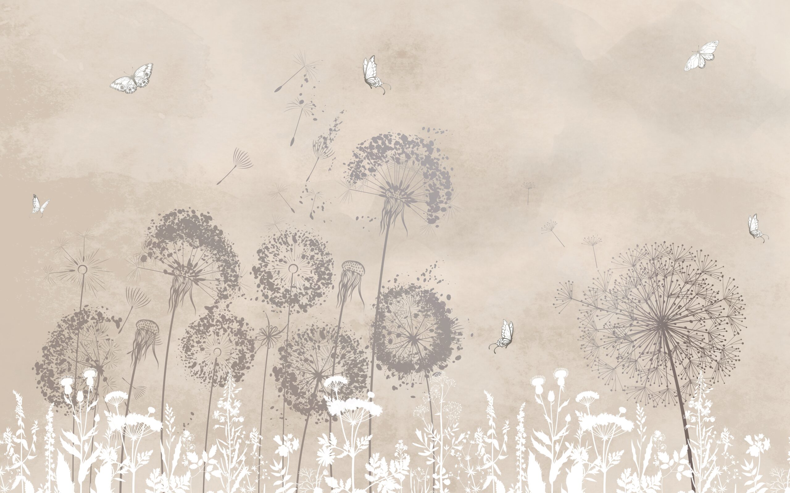 Dandelion,Flowers,And,Butterfly,,Vintage,Color,,Design,For,Wall,Ideas, fototapeta dmuchawce beżowa do salonu