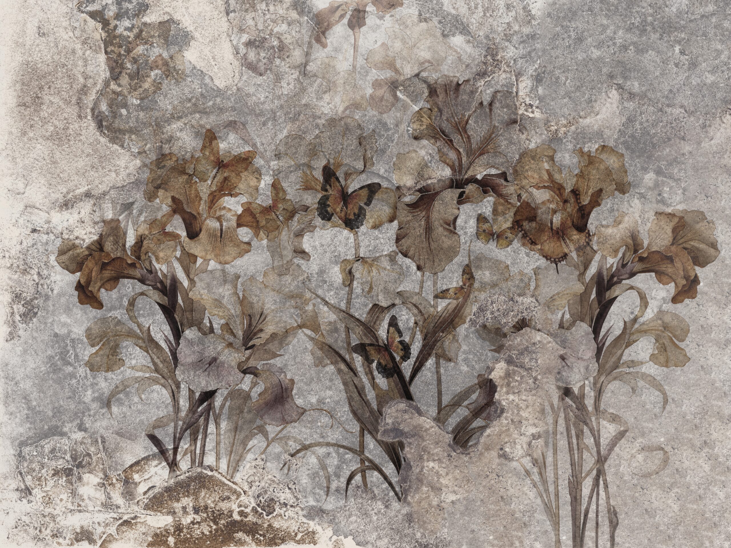 Beautiful,Irises,With,Butterflies,On,The,Wall.,Mural, fototapeta szare liście w złocie do salonu