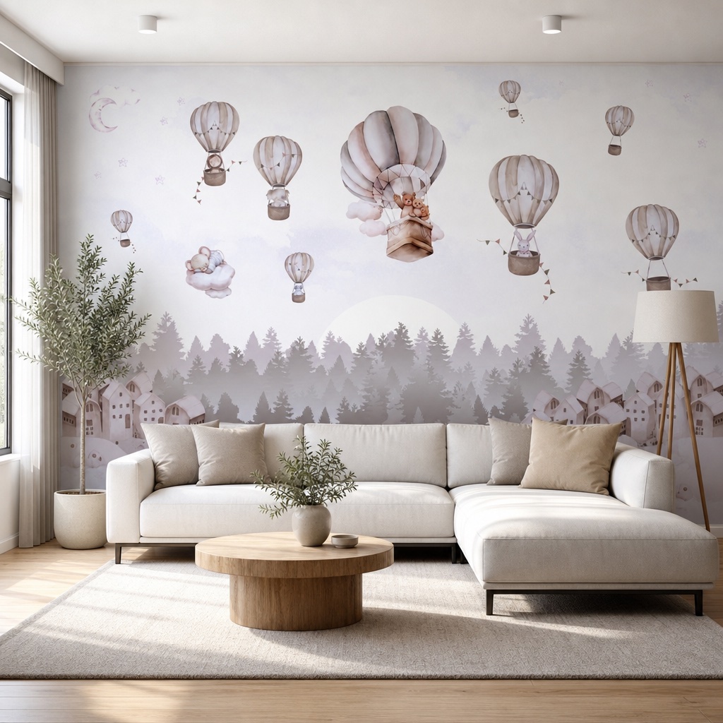 balony-nad-lasem-aranzacja fototapeta balony nad lasem w aranżacji salonu
