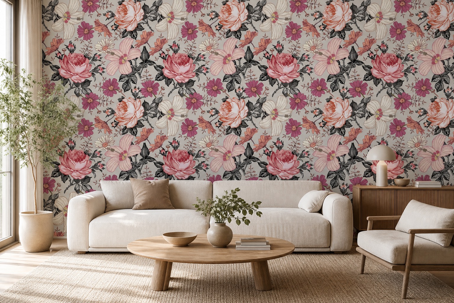 fototapeta Fototapeta Róże i Hibiskus na ścianie w salonie fototapeta Fototapeta Róże i Hibiskus na ścianie w salonie