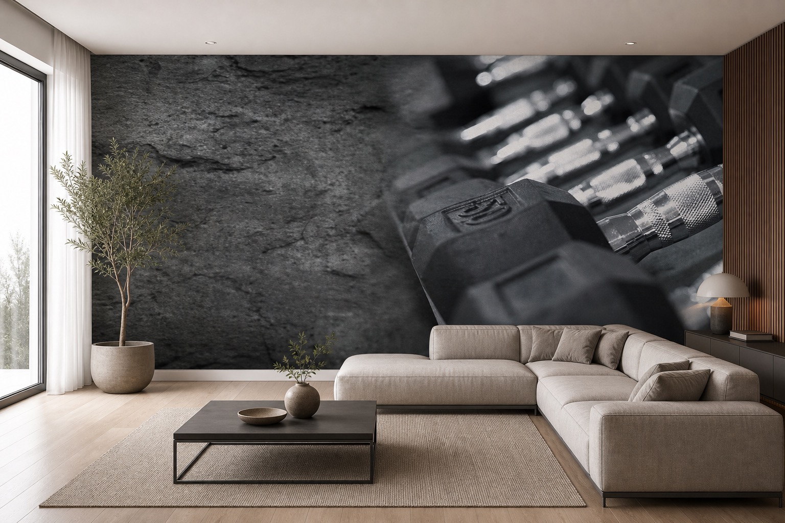 fototapeta Fototapeta Zestaw Hantli na ścianie w salonie fototapeta Fototapeta Zestaw Hantli na ścianie w salonie