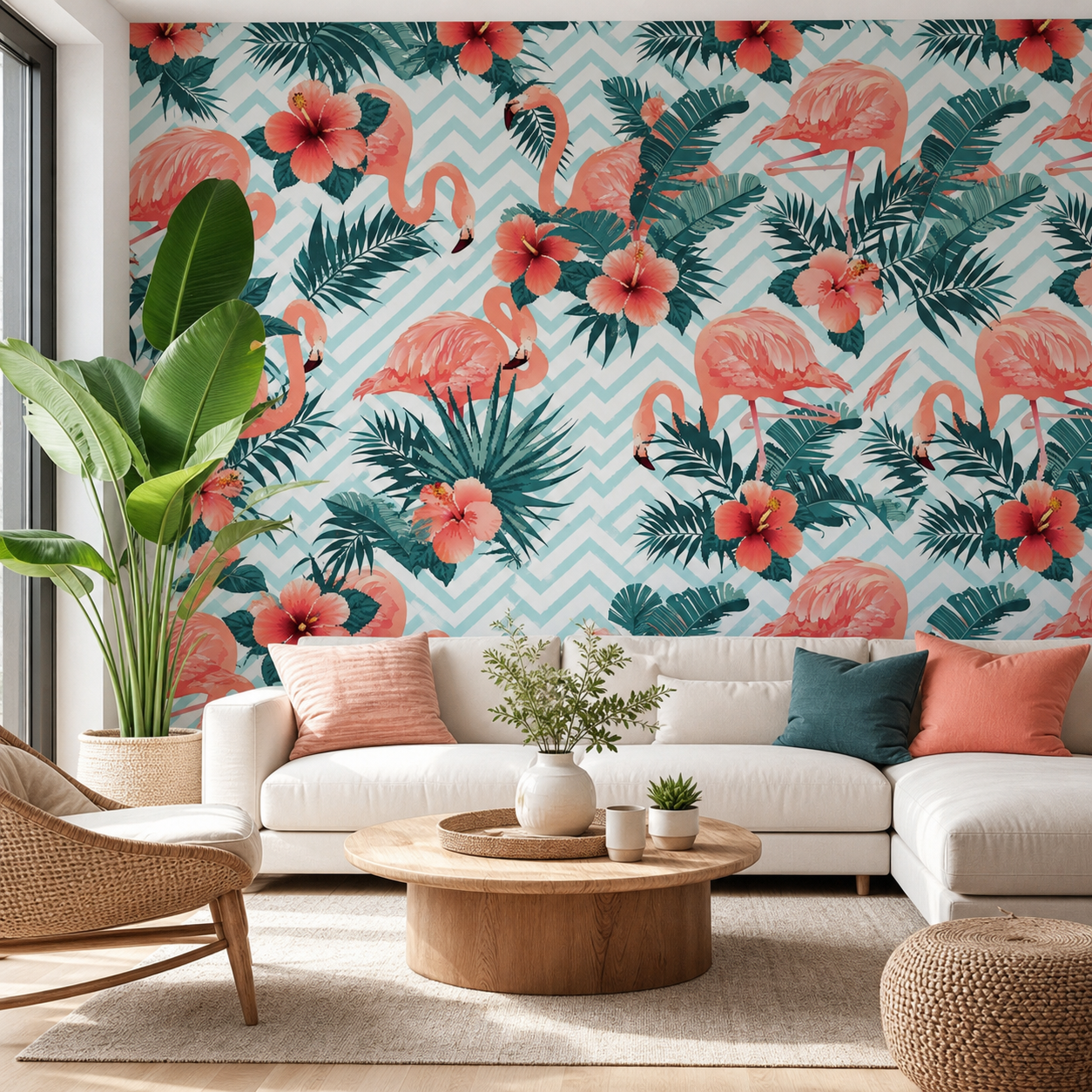 fototapeta Fototapeta Flamingi i Kwiaty w aranżacji salonu fototapeta Fototapeta Flamingi i Kwiaty w aranżacji salonu