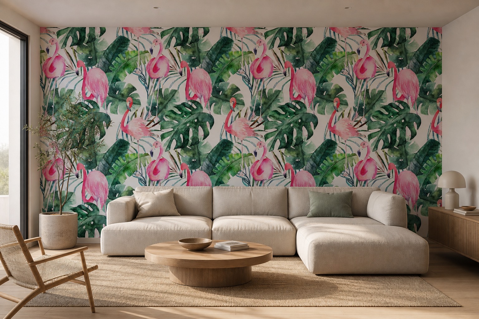 fototapeta Fototapeta Tropikalne Flamingi na ścianie w salonie fototapeta Fototapeta Tropikalne Flamingi na ścianie w salonie