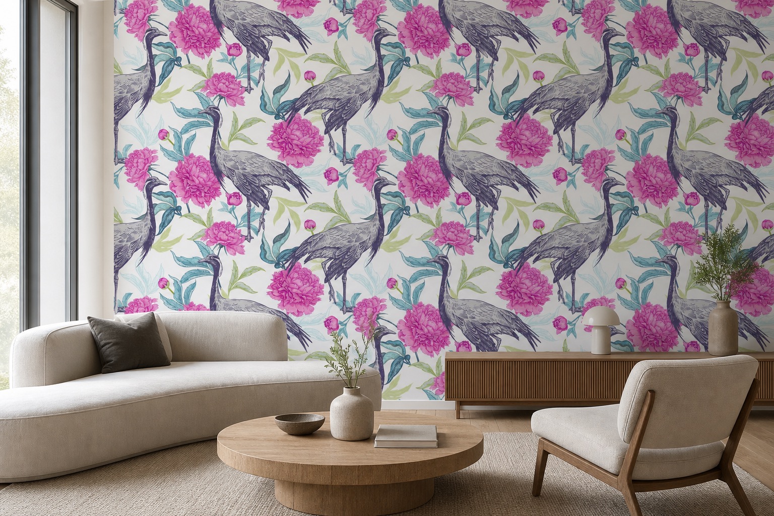 fototapeta Fototapeta Żurawie i Peonie na ścianie w salonie fototapeta Fototapeta Żurawie i Peonie na ścianie w salonie