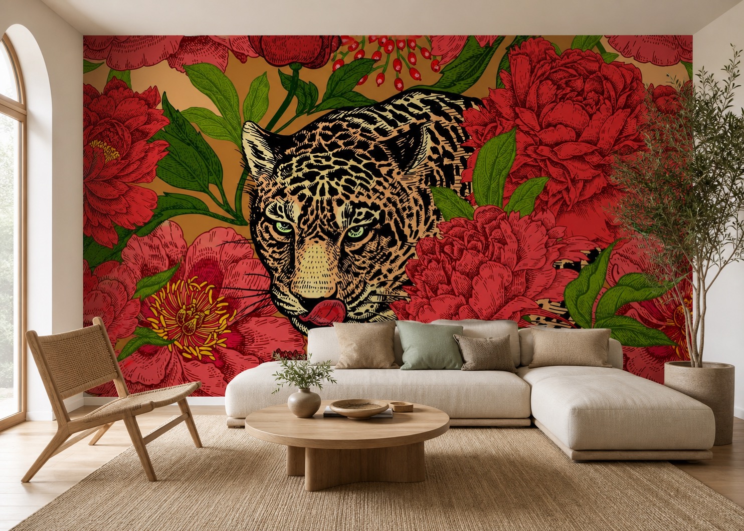 fototapeta Fototapeta Jaguar i Kwiaty na ścianie w salonie fototapeta Fototapeta Jaguar i Kwiaty na ścianie w salonie