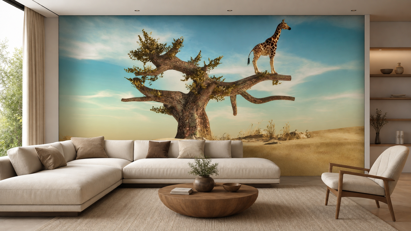 fototapeta Fototapeta Żyrafa na drzewie w aranżacji salonu fototapeta Fototapeta Żyrafa na drzewie w aranżacji salonu