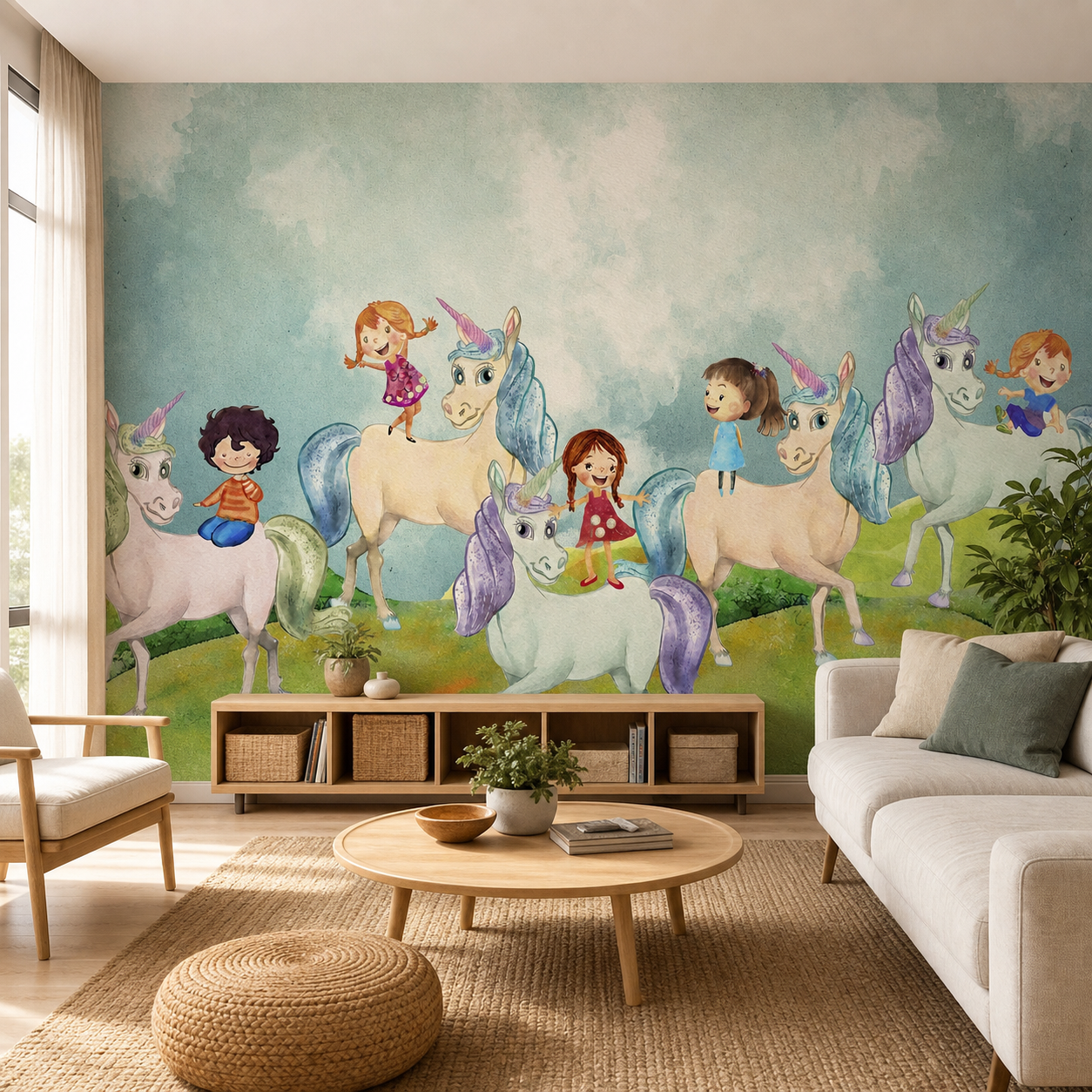 fototapeta Fototapeta Miły Jednorożec w aranżacji salonu fototapeta Fototapeta Miły Jednorożec w aranżacji salonu