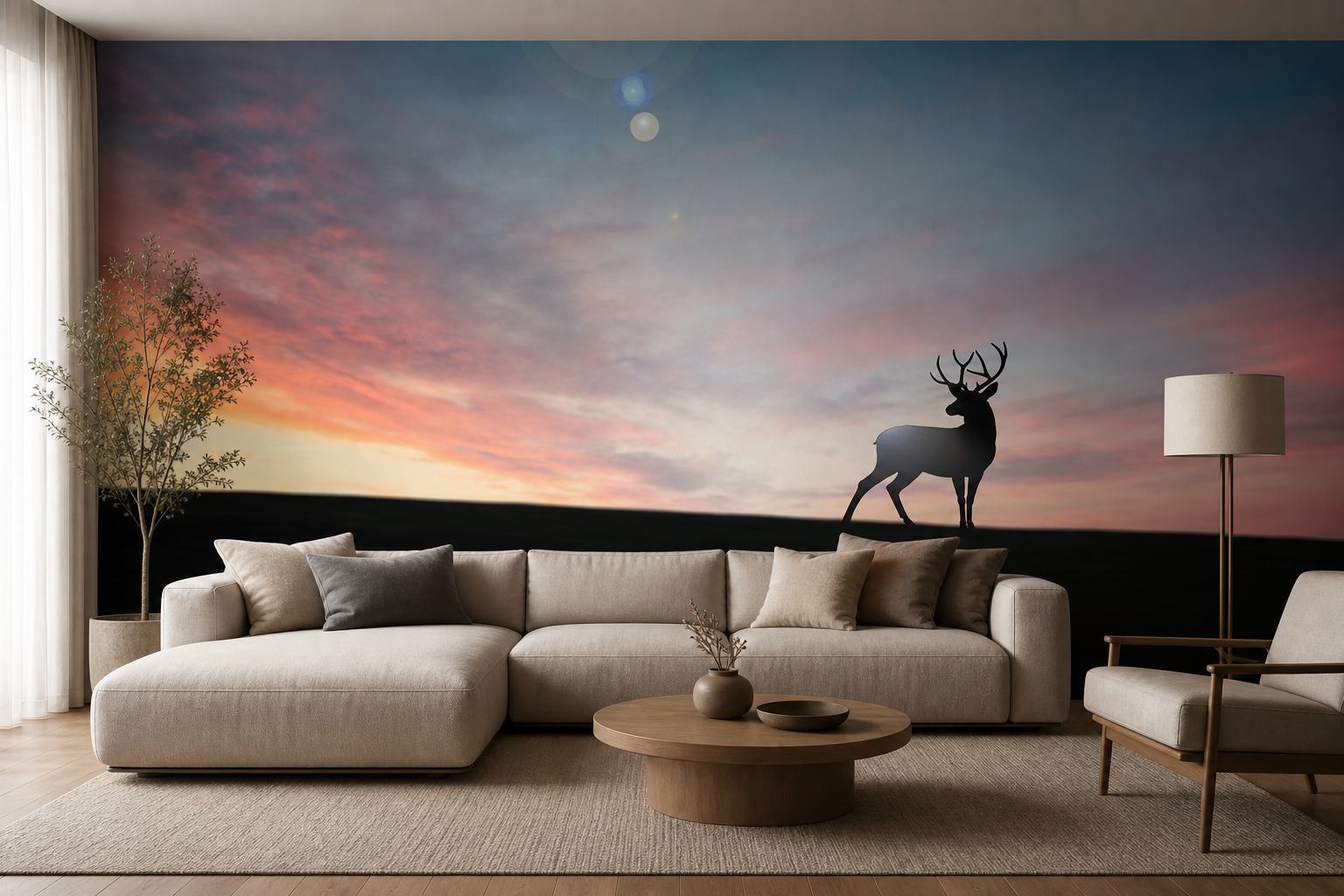 fototapeta Fototapeta Jeleń o Zachodzie w aranżacji salonu fototapeta Fototapeta Jeleń o Zachodzie w aranżacji salonu