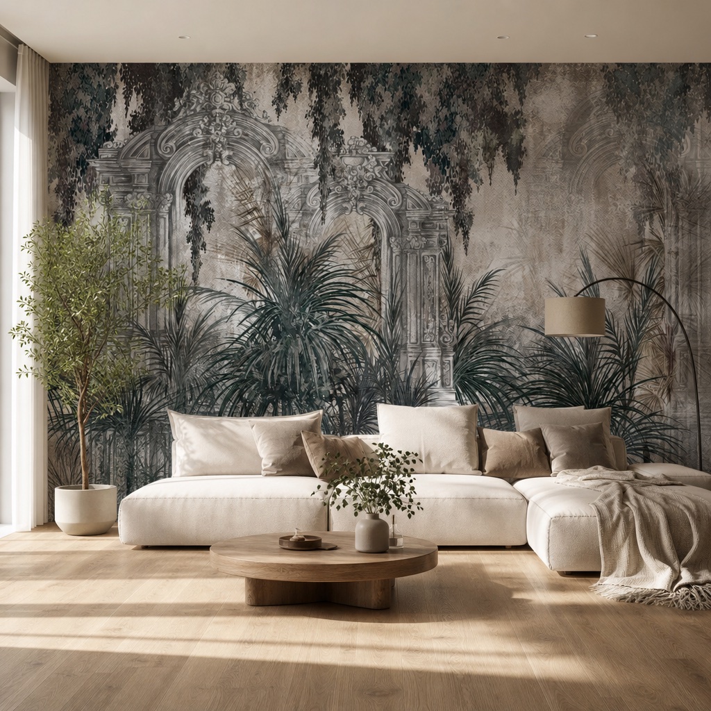 kolumny-w-dzungli-aranzacja fototapeta kolumny w dżungli w aranżacji salonu