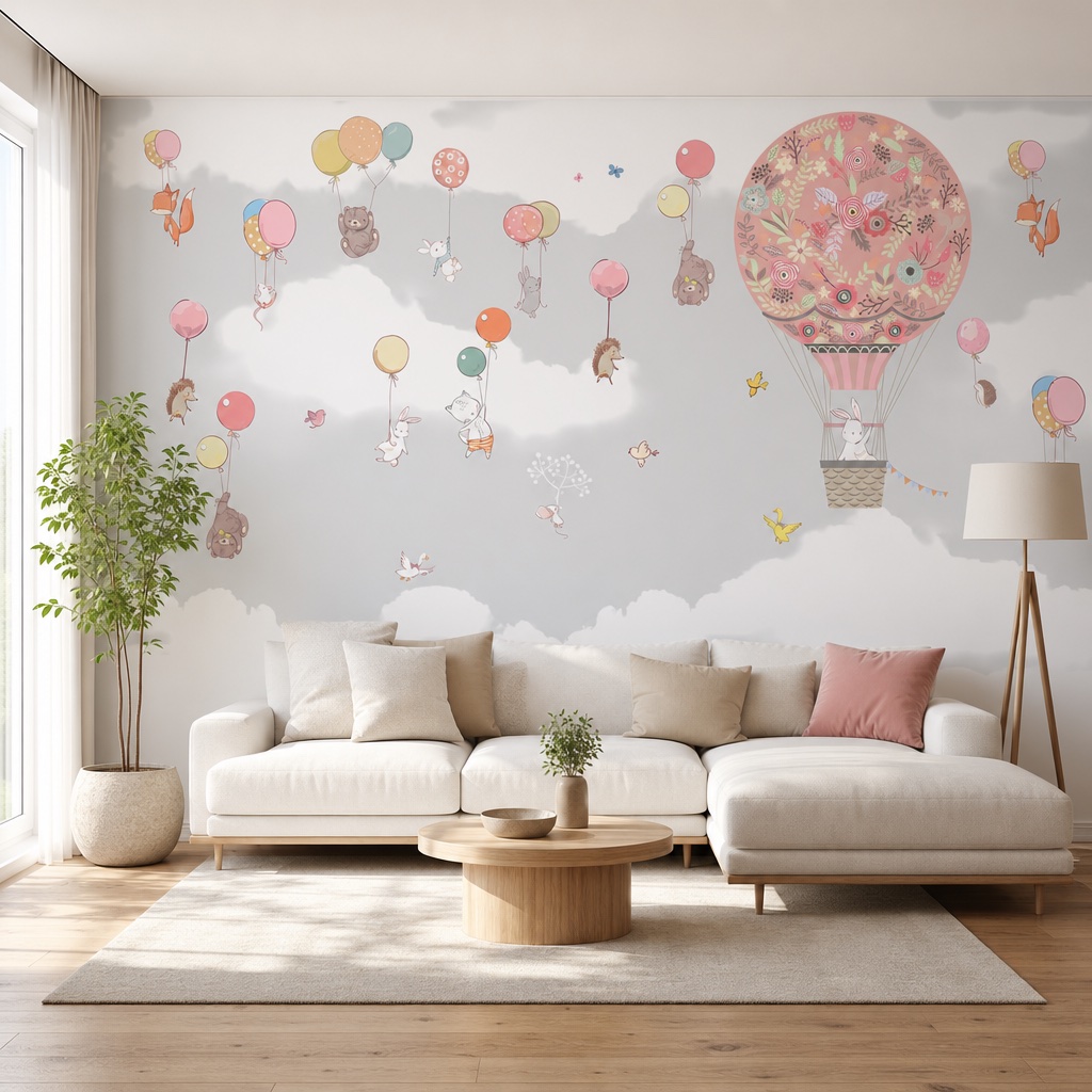 lot-rozowych-balonow-aranzacja fototapeta lot różowych balonów w aranżacji salonu