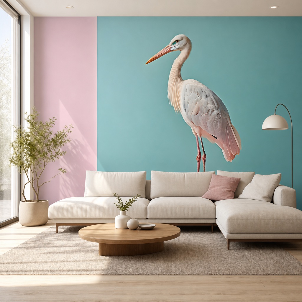 pastelowy-zuraw-elegancji-aranzacja fototapeta pastelowy żuraw elegancji w aranżacji salonu