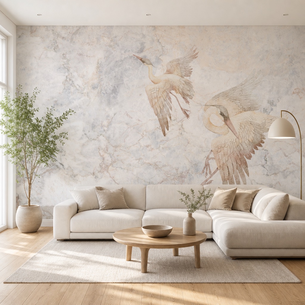 zurawie-na-marmurowym-niebie-aranzacja fototapeta żurawie na marmurowym niebie w aranżacji salonu