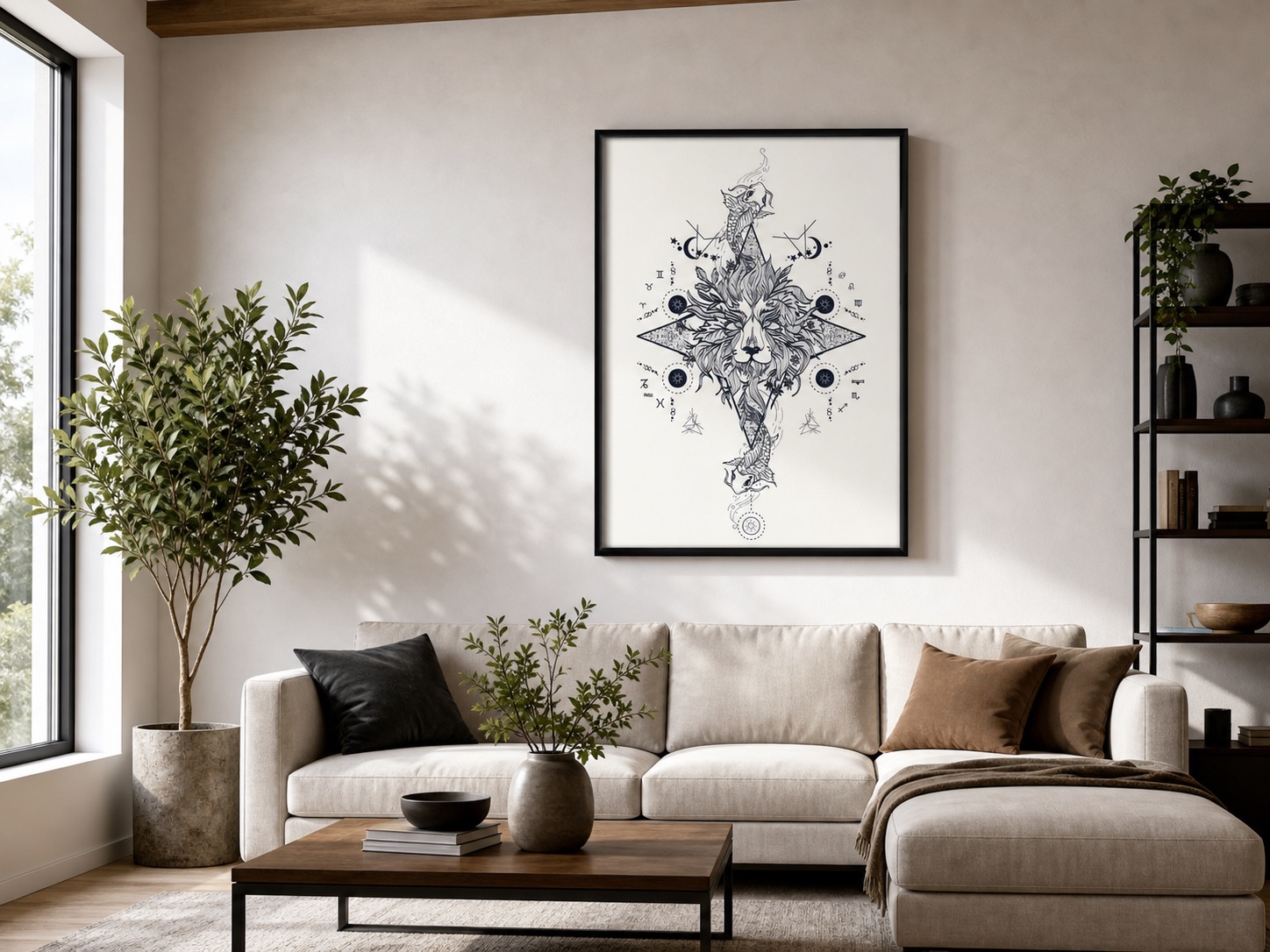 plakat Plakat mistyczny lew i karp, średniowieczne symbole astrologiczne na ścianie w nowoczesnym wnętrzu plakat Plakat mistyczny lew i karp, średniowieczne symbole astrologiczne na ścianie w nowoczesnym wnętrzu
