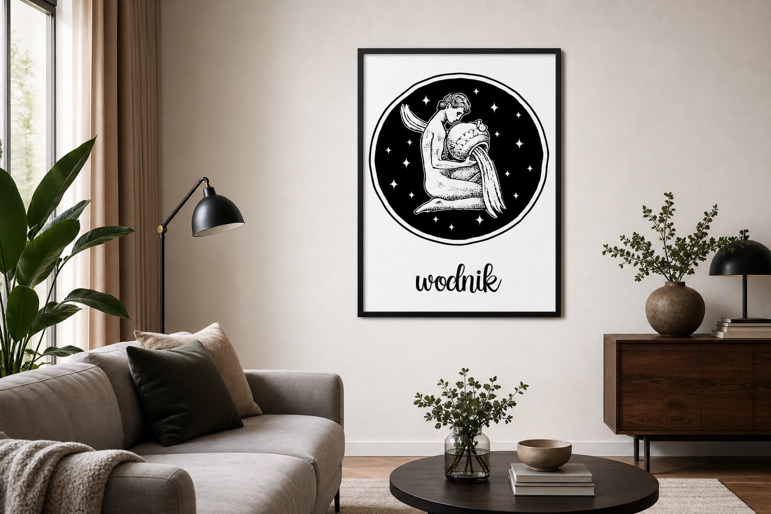 plakat Plakat Znak Zodiaku-Wodnik na ścianie w nowoczesnym wnętrzu plakat Plakat Znak Zodiaku-Wodnik na ścianie w nowoczesnym wnętrzu